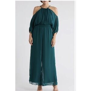 NWT Halogen Teal Chiffon Halter Jumpsuit Cold Shoulder Size Small fits 6-8